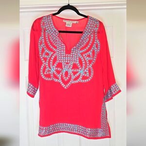 Gretchen Scott Designs Pink Tunic with Blue Embroidery